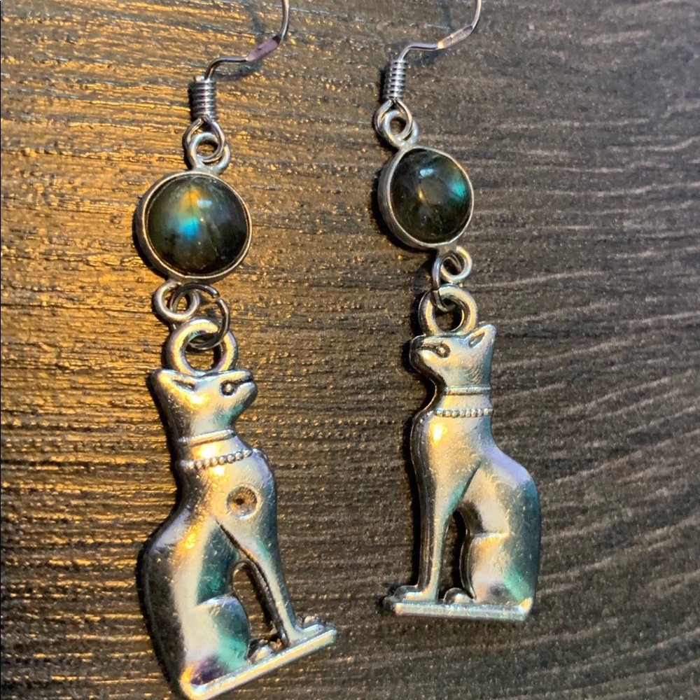 Labradorite Bast Earrings - Egyptian royalty cat jewelry gift - Bast talisman